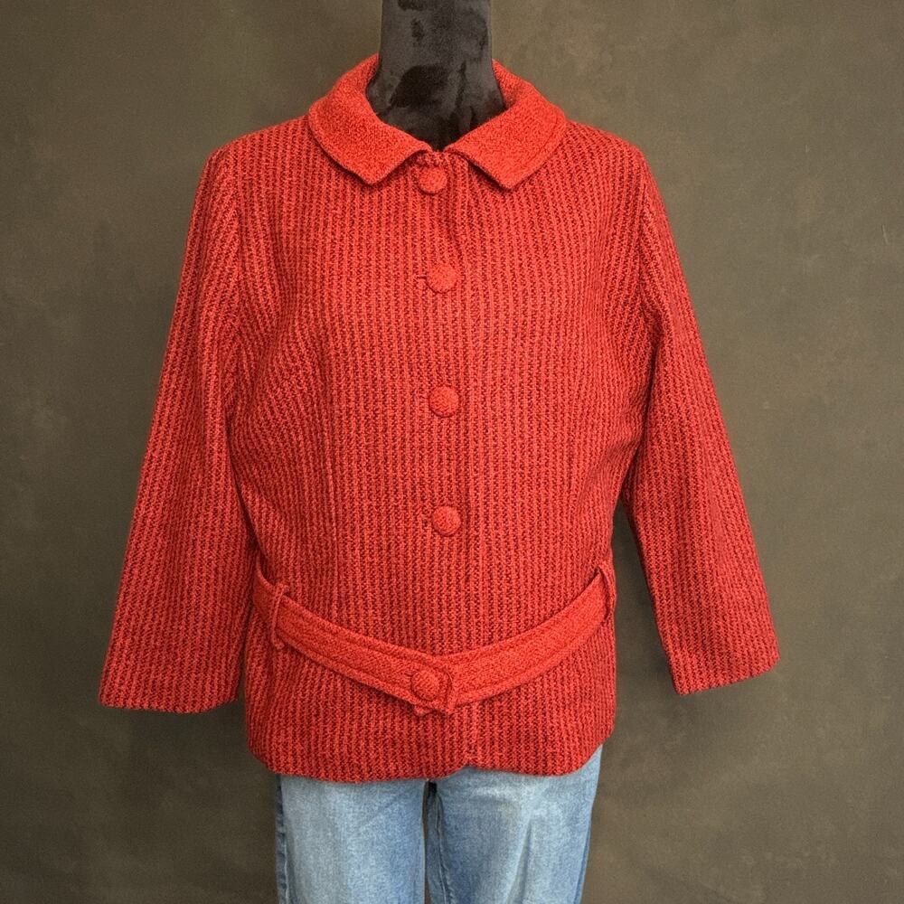 Vintage 1960s Reldan Coat Red Textured Belted Jacket Made in England 100% Wool